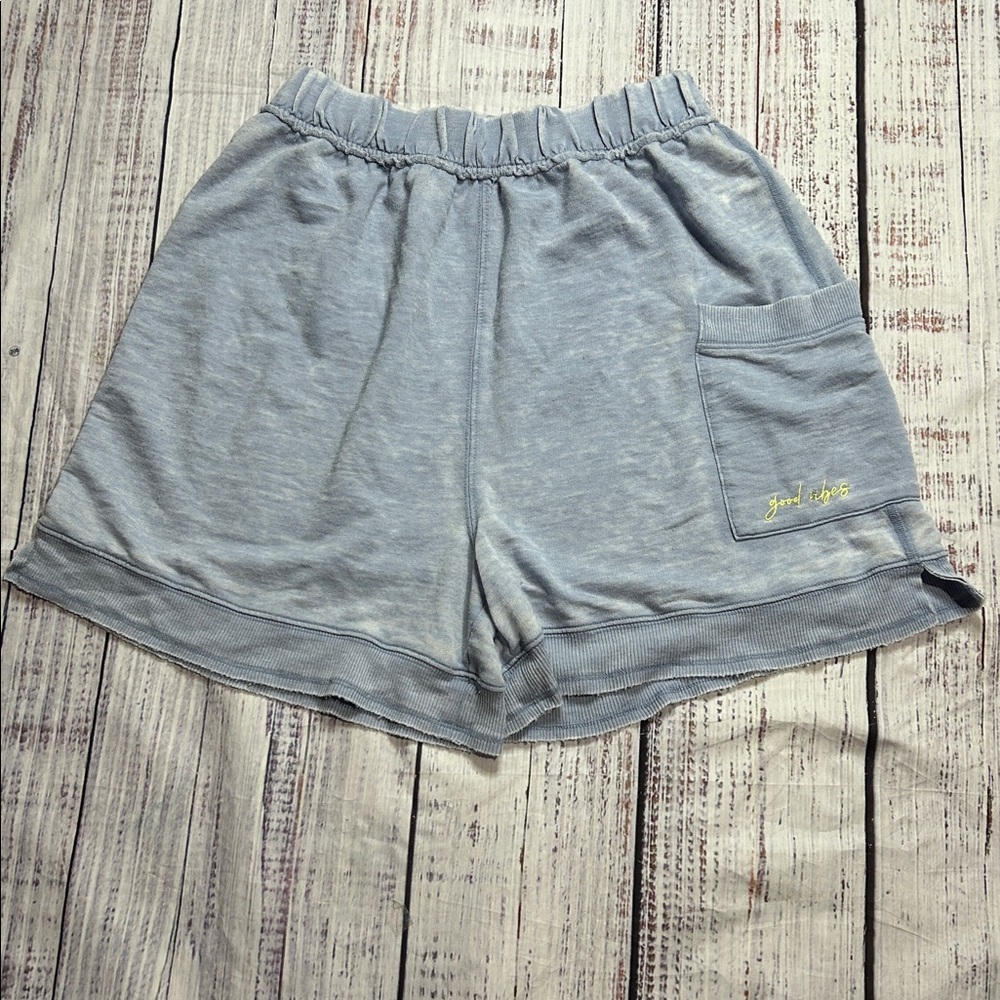 Free People Cozy Girl Short Comfy Lounge Distressed Embroidered Blue - Picture 3 of 5